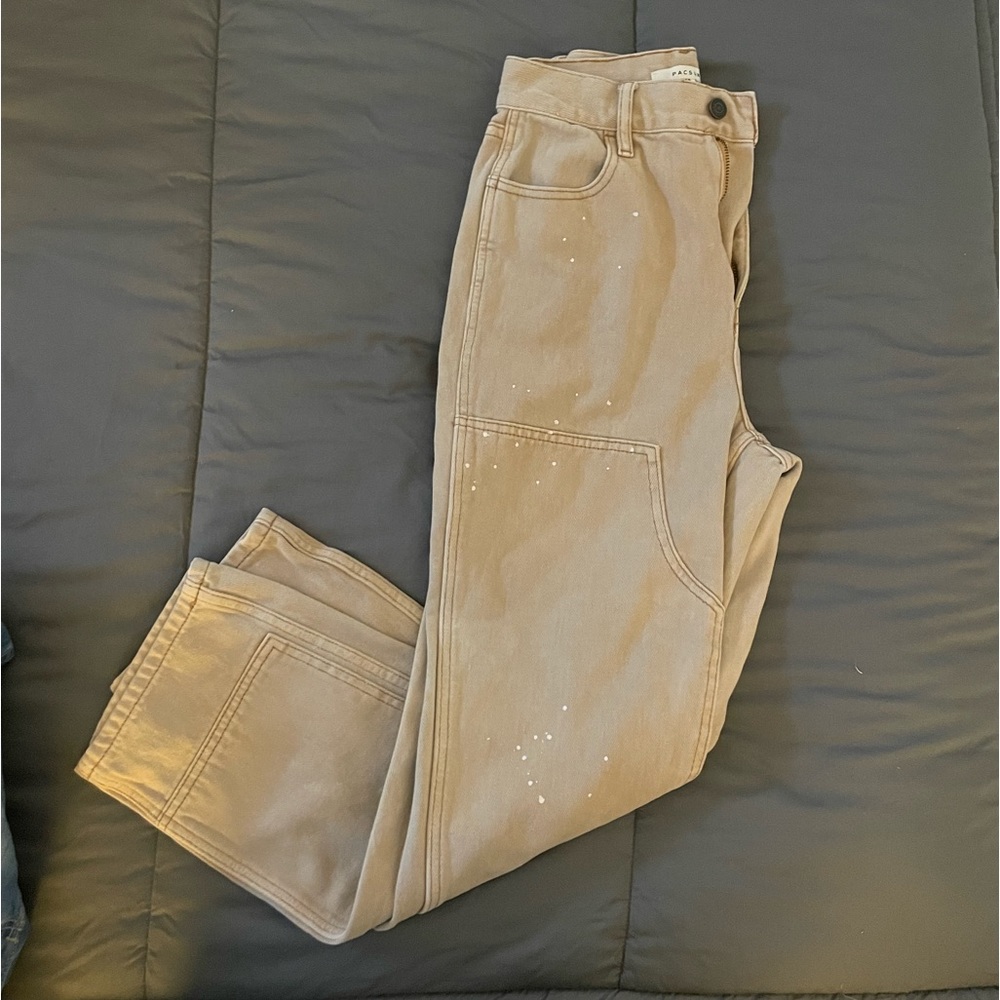 Pacsun utility carpenter pants. Tan with white paint splotches.